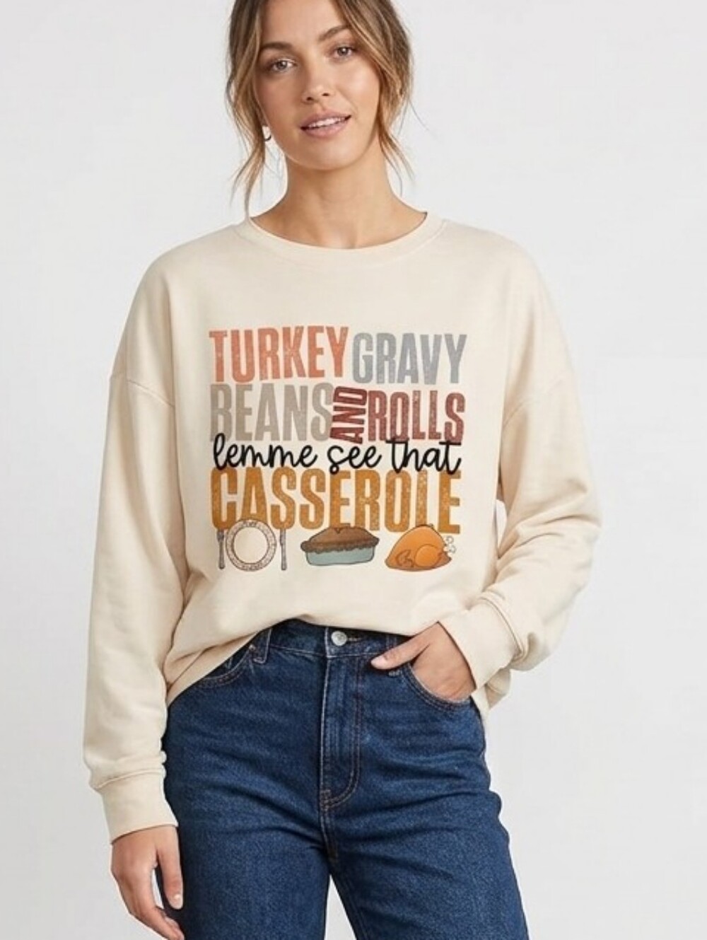 Thanksgiving Cream Graphic Long-Sleeve Tee - Holiday Casserole Print